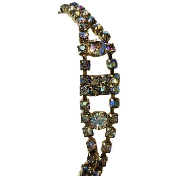 Vintage Aurora Borealis Shimmering Rhinestone Gold Tone Tennis Bracelet 8” - Picture 5 of 10